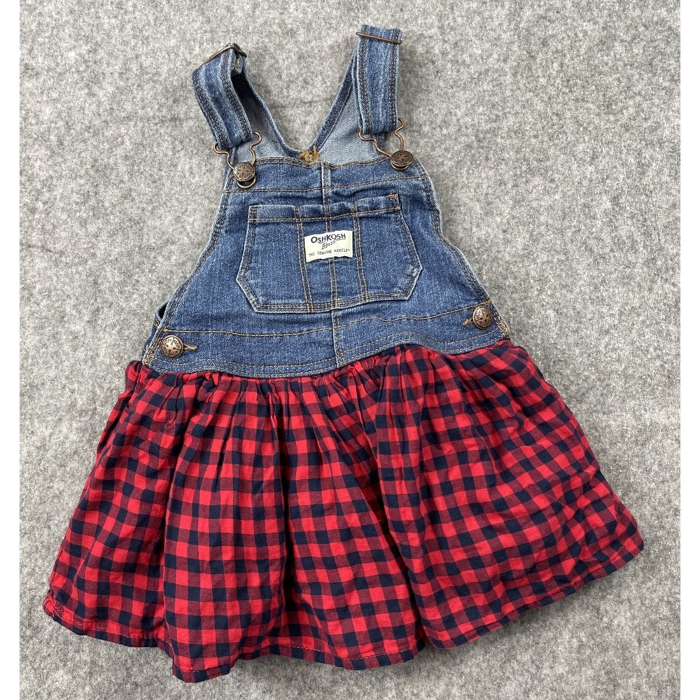 VTG Oshkosh Bgosh Overall Jumper Dress Toddler 3T Denim Buffalo Plaid Ruffle Y2K